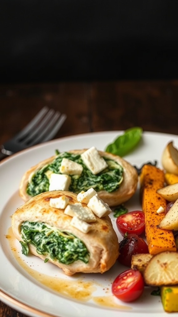 Two spinach and feta stuffed chicken breasts on a plate with tomatoes and roasted vegetables.
