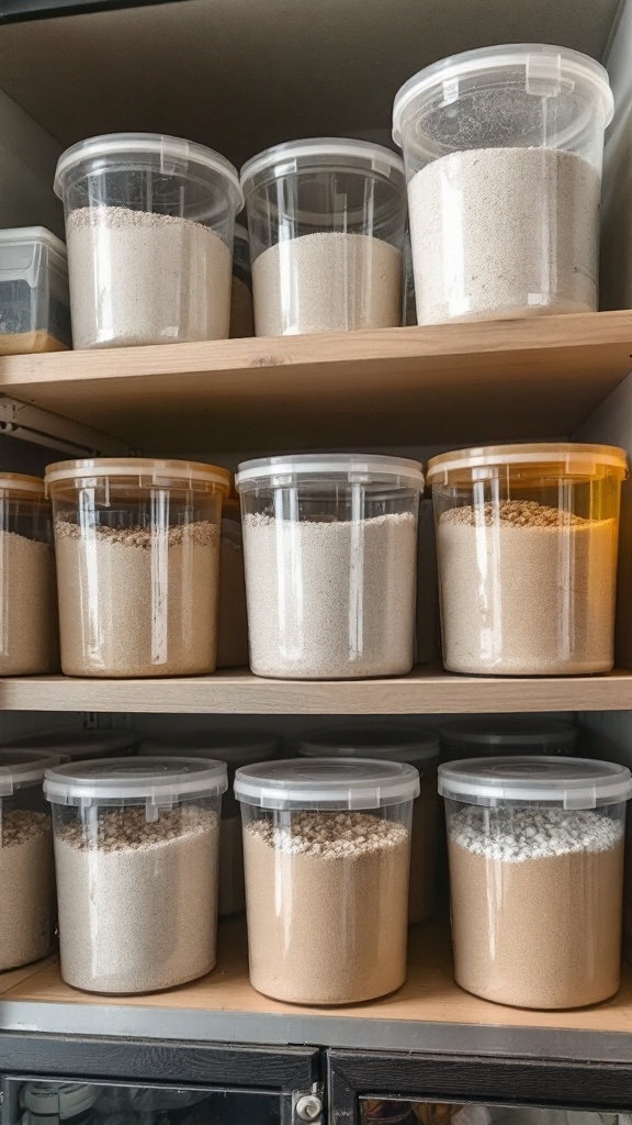 Containers filled with various types of homemade moon sand on a shelf.