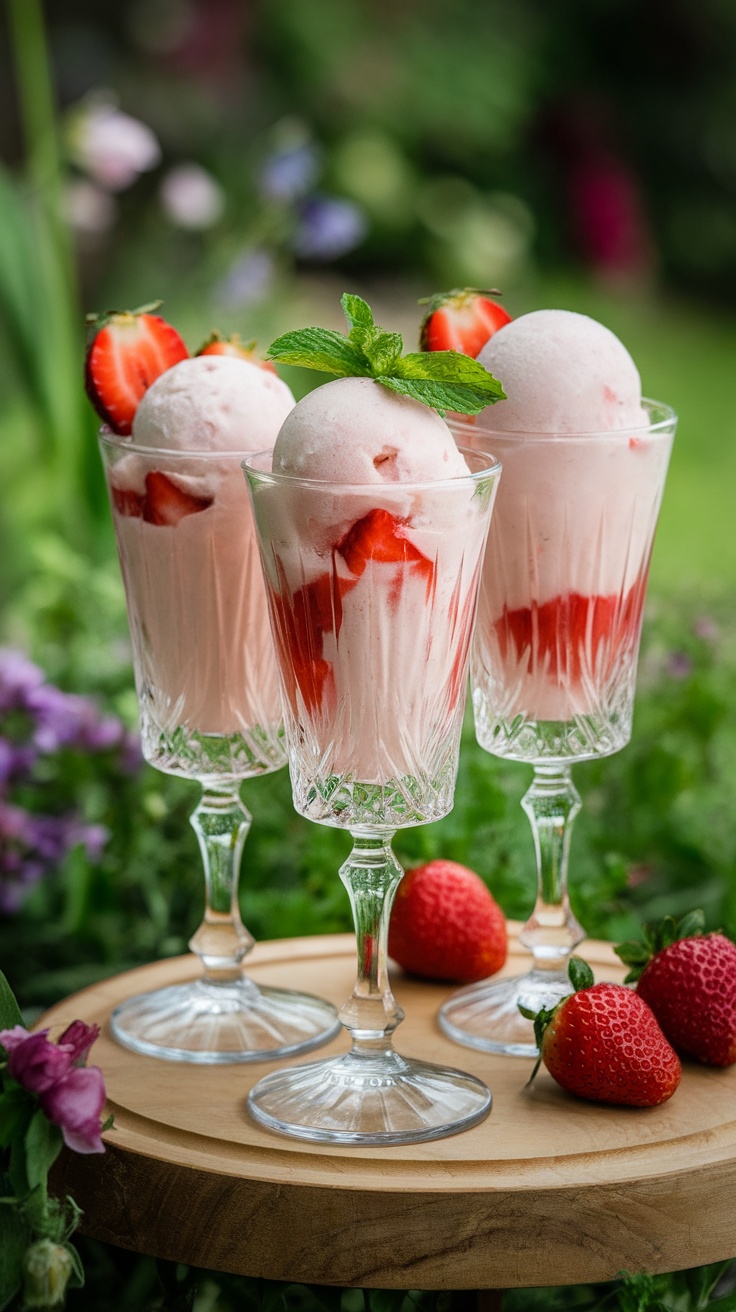 Three elegant glasses filled with strawberry and champagne sorbet, garnished with mint and fresh strawberries.