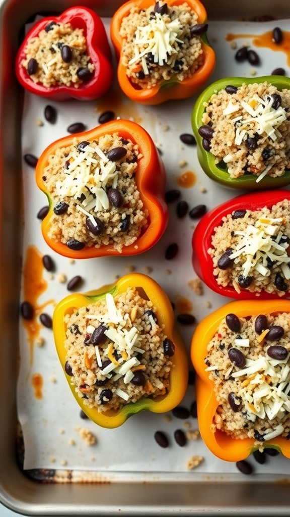 Colorful stuffed bell peppers filled with quinoa, black beans, and cheese.