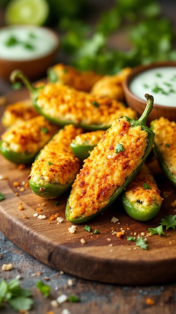 Delicious stuffed jalapeño poppers on a wooden platter with a dip