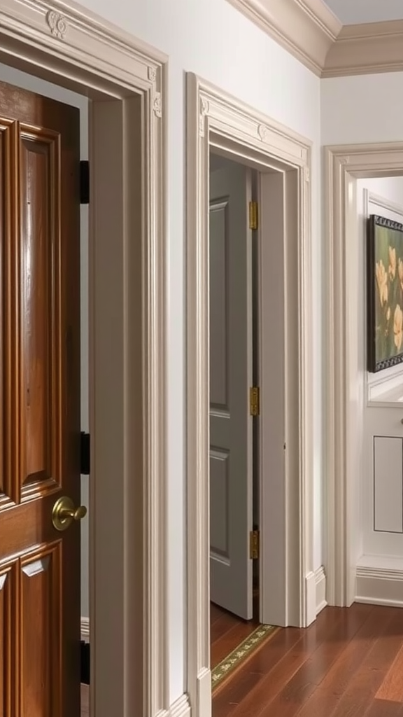 A hallway showcasing elegant door frames in a stylish interior.