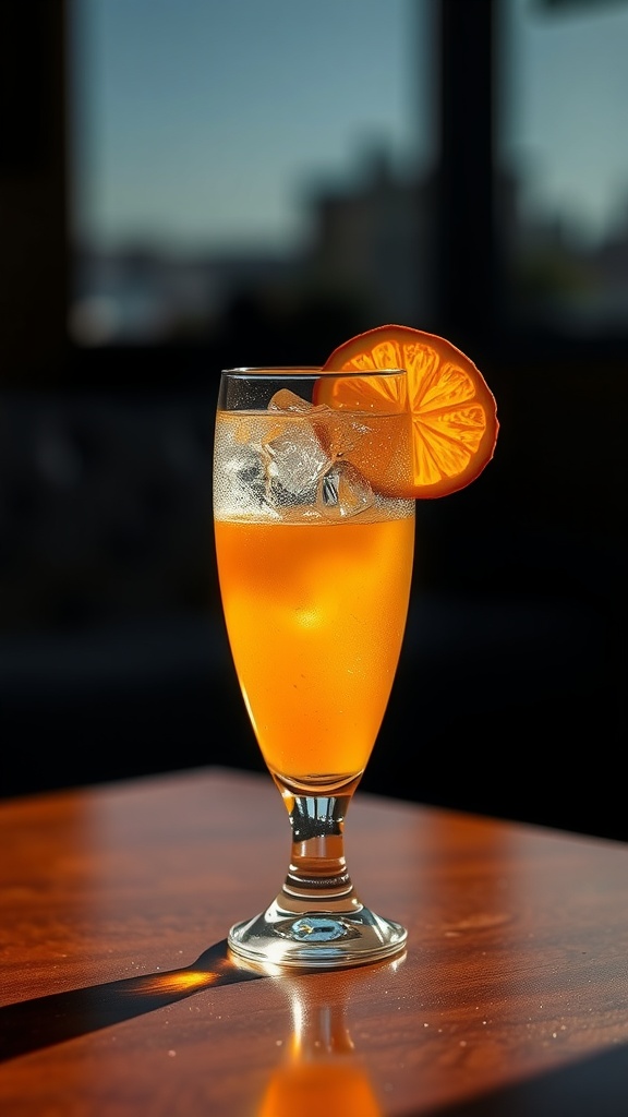 A refreshing mocktail with a vibrant orange color and ice