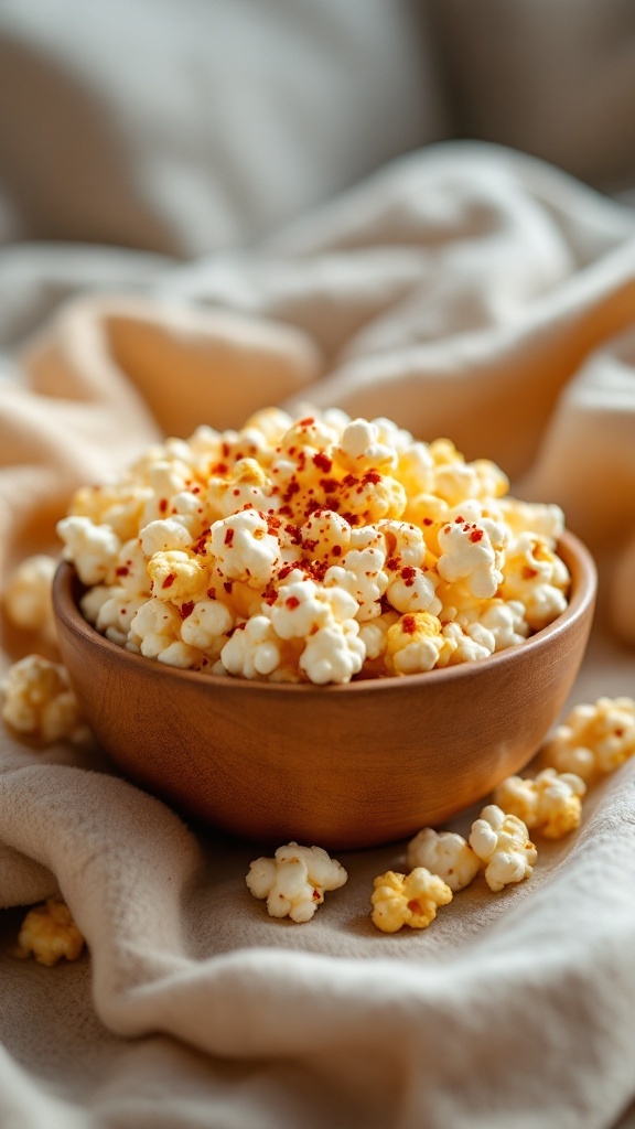 Bowl of sweet and spicy popcorn with a warm, inviting background.