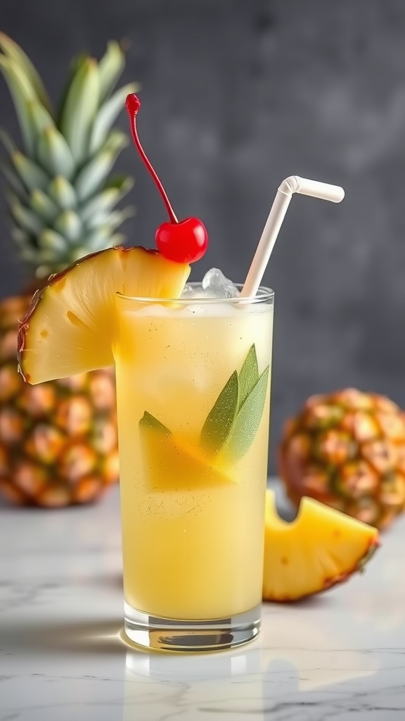 A refreshing Tropical Pineapple Cooler drink garnished with pineapple and a cherry.