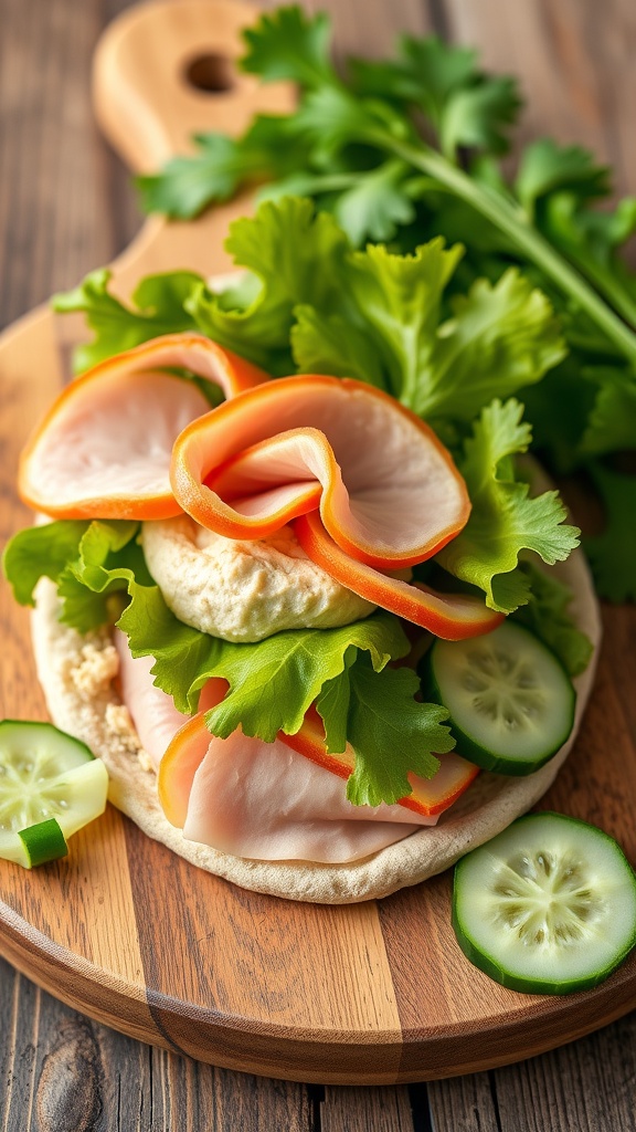 A turkey and hummus pita filled with lettuce, bell peppers, and cucumber slices on a wooden board.