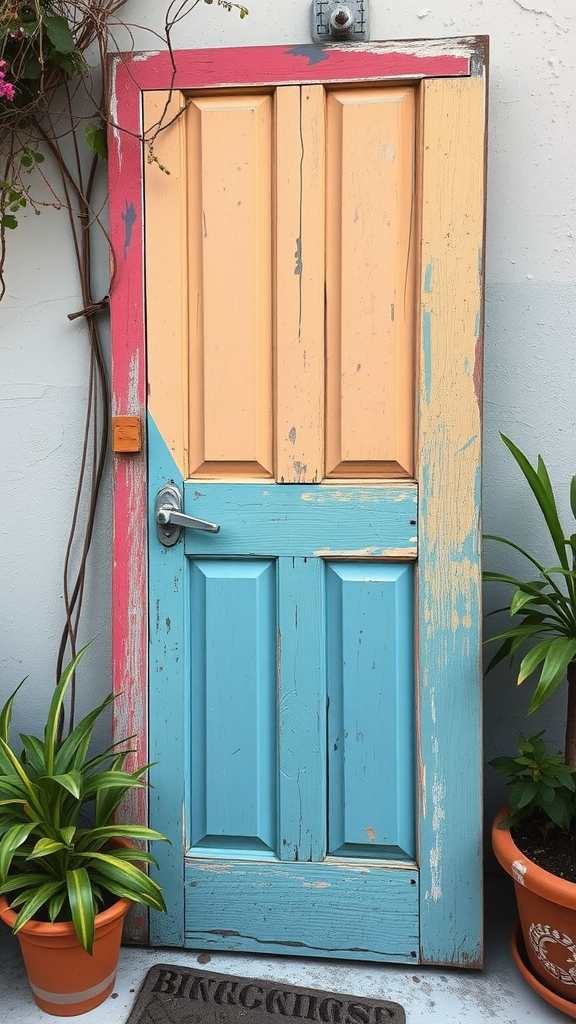 A colorful upcycled vintage door with blue, peach, and red paint, surrounded by green plants.