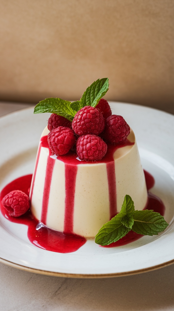 Vanilla Panna Cotta garnished with raspberries and mint leaves