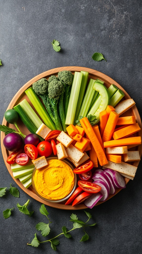 A vibrant vegetable and hummus platter featuring an array of fresh veggies and a bowl of hummus.