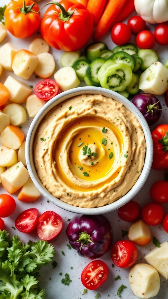 A colorful veggie platter featuring a bowl of hummus surrounded by various fresh vegetables.