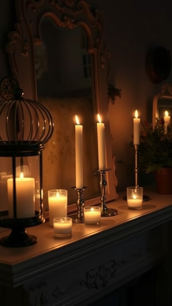 A cozy display of vintage candles and holders on a mantel