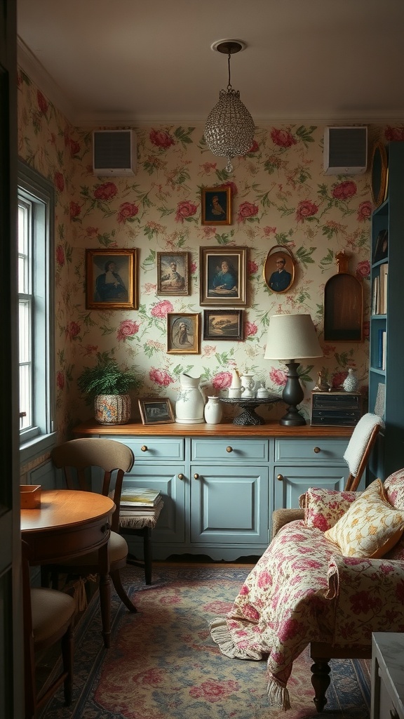 A cozy corner featuring vintage floral wallpaper, a wooden table, and a comfortable chair.