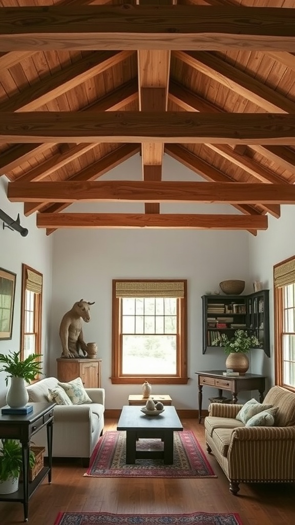 Cozy living room with wooden beam ceiling and rustic decor.