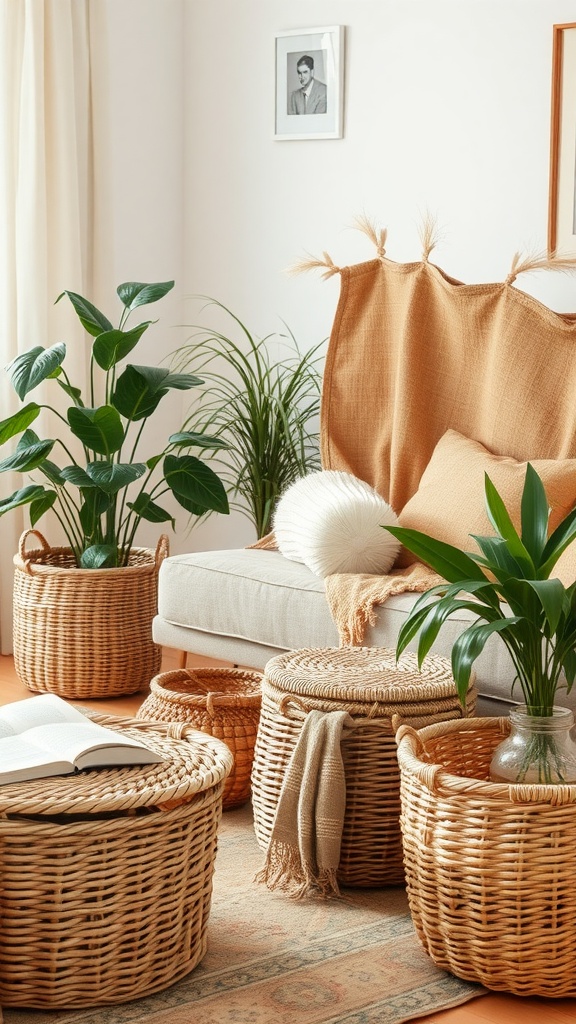 Cozy living room with woven baskets used for storage, surrounded by plants and soft furnishings.