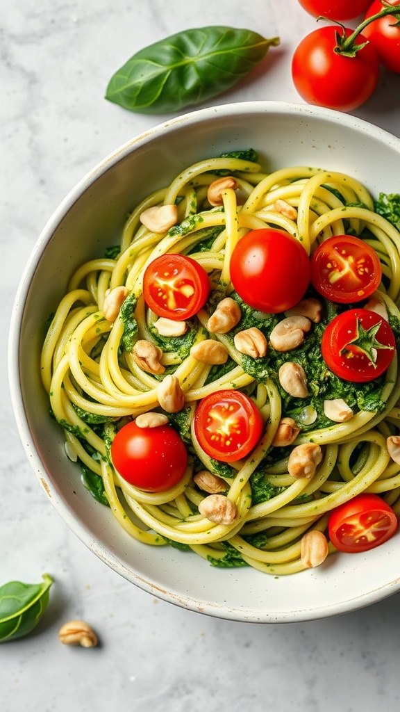 A bowl of zucchini noodles topped with pesto, cherry tomatoes, and nuts.