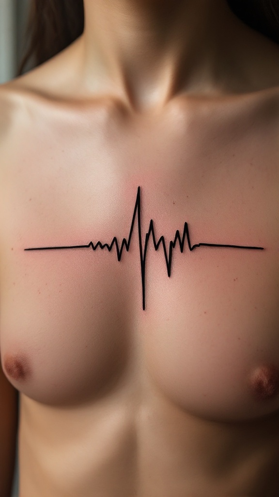 Minimalist tattoo of a heartbeat line on the chest.