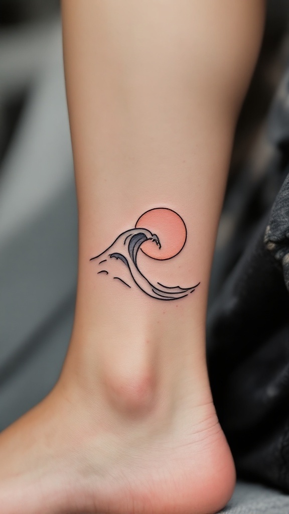 Minimalist abstract wave tattoo with a sun on an ankle