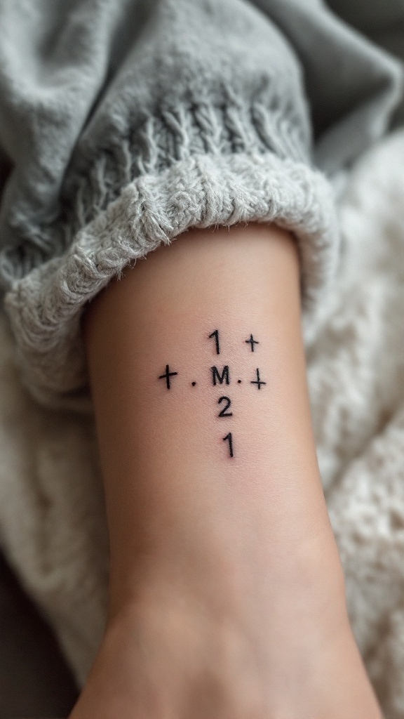 Minimalist tattoo of coordinates featuring numbers and symbols on a wrist