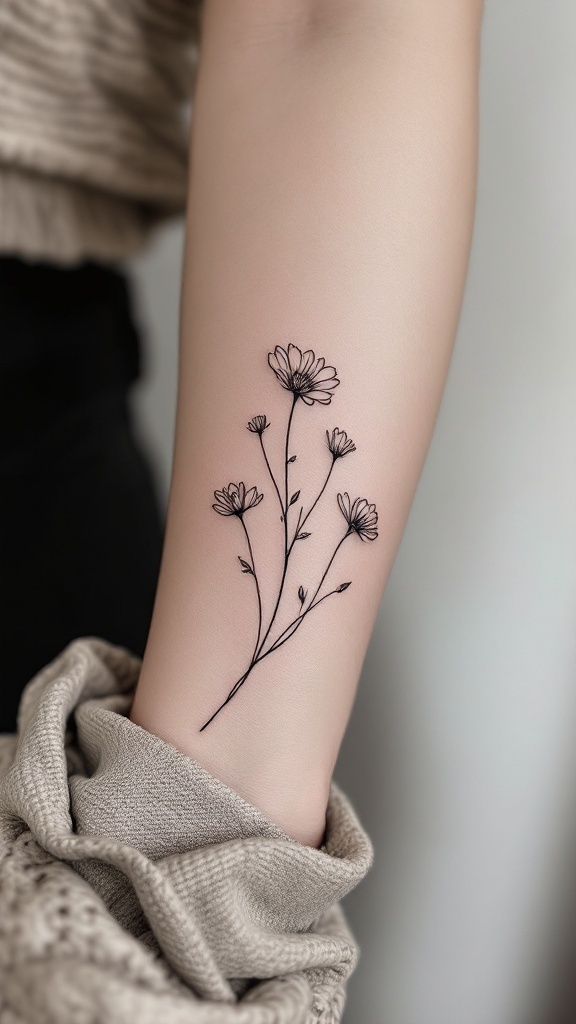 A delicate line art tattoo of flowers on a person's forearm.