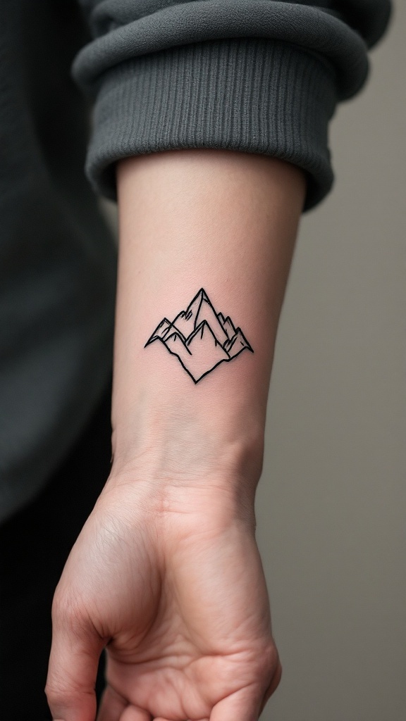 A minimalist geometric tattoo of a mountain range on a person's forearm.