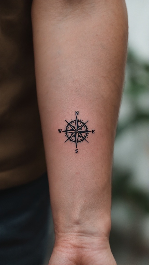 Miniature compass tattoo on forearm