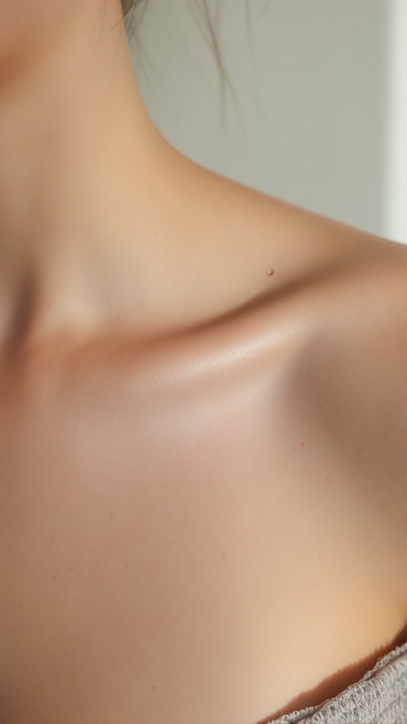 A close-up of a person's collarbone and neck area, showcasing skin with no visible tattoos.