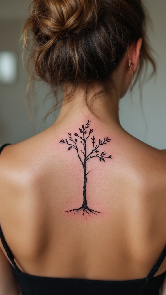 A minimalist tree silhouette tattoo on the back of a woman