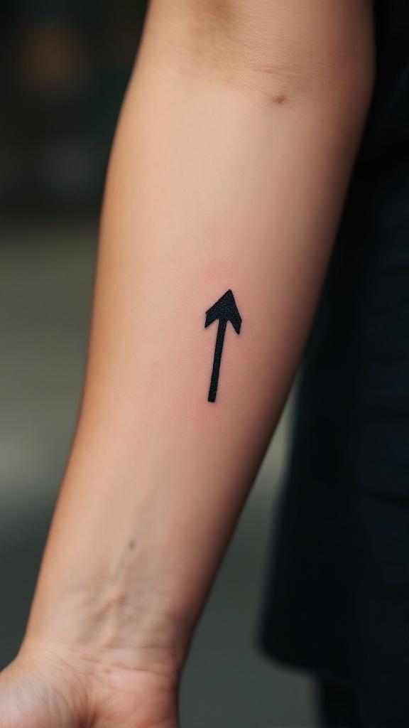 Minimalist tattoo of a simple upward-pointing arrow on a person's forearm