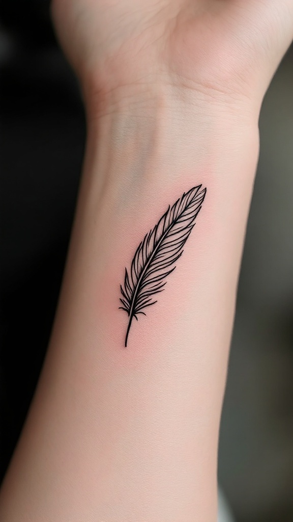 A minimalist tattoo of a feather outlined in black on a wrist.