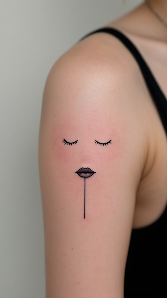 Minimalist tattoo of a face created from a single continuous line, with closed eyes and a stylized mouth, located on the arm.