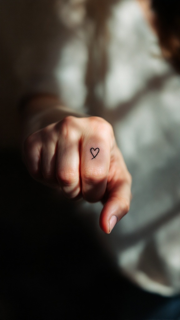 A tiny heart tattoo on a person's hand, showcasing a minimalist design.