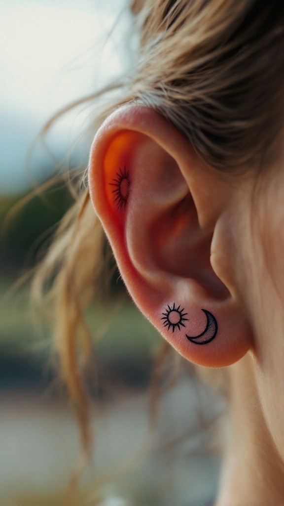 A close-up of an ear with tiny sun and moon tattoos.