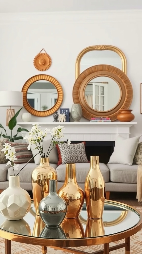 A stylish boho living room featuring a coffee table with various metallic vases, a wall with decorative mirrors, and a cozy couch.