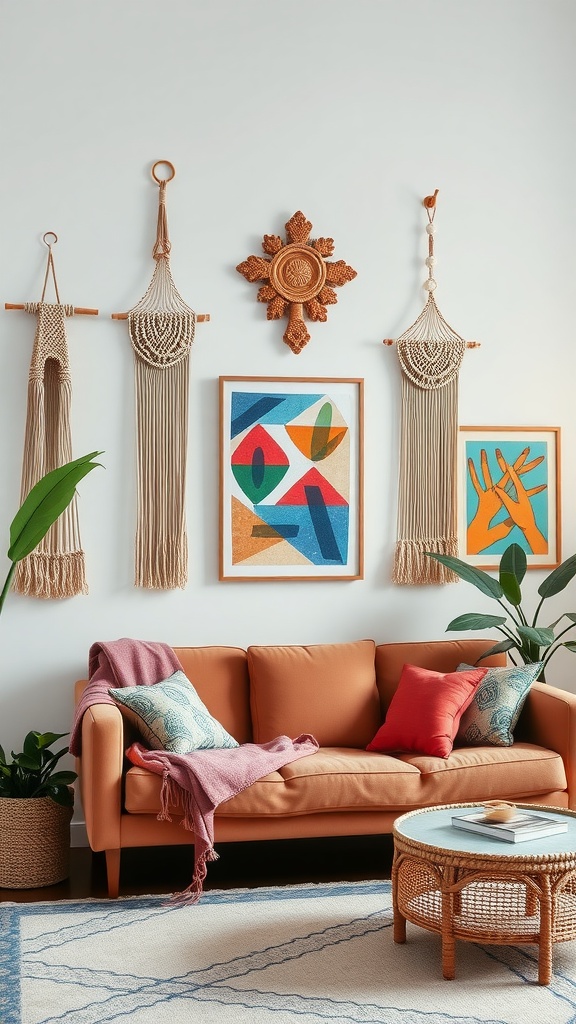 A cozy boho living room featuring macramé wall hangings, colorful artwork, and a comfortable orange sofa.