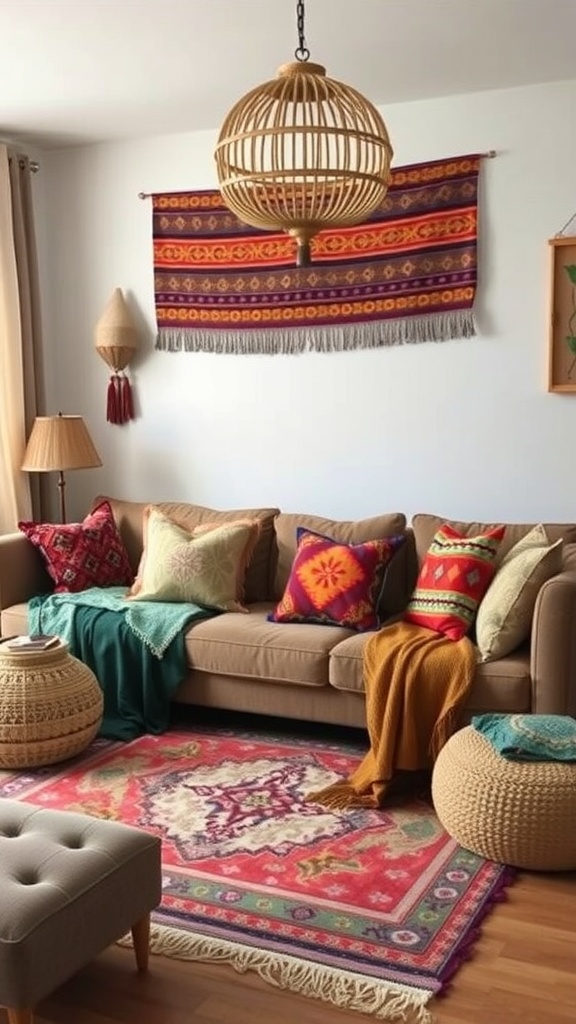 A cozy bohemian living room with colorful textiles, pillows, and a woven pendant light.