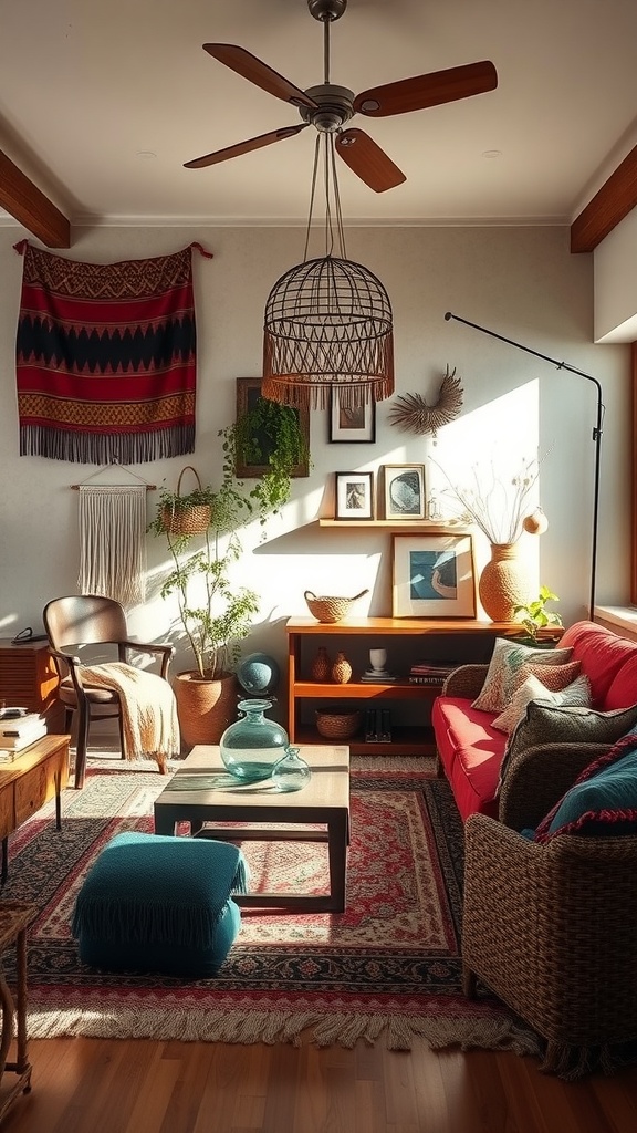 A cozy bohemian living room with a mix of global decor, plants, and warm colors.