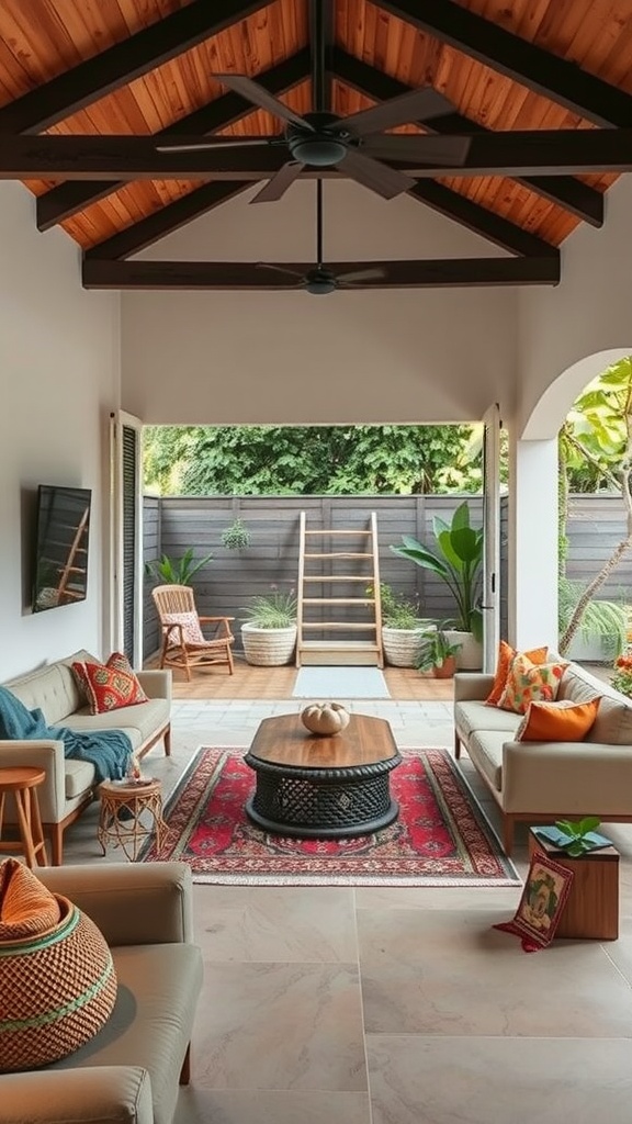 A boho-inspired living room with an open concept to outdoor space, featuring comfy sofas, vibrant cushions, and lush greenery.