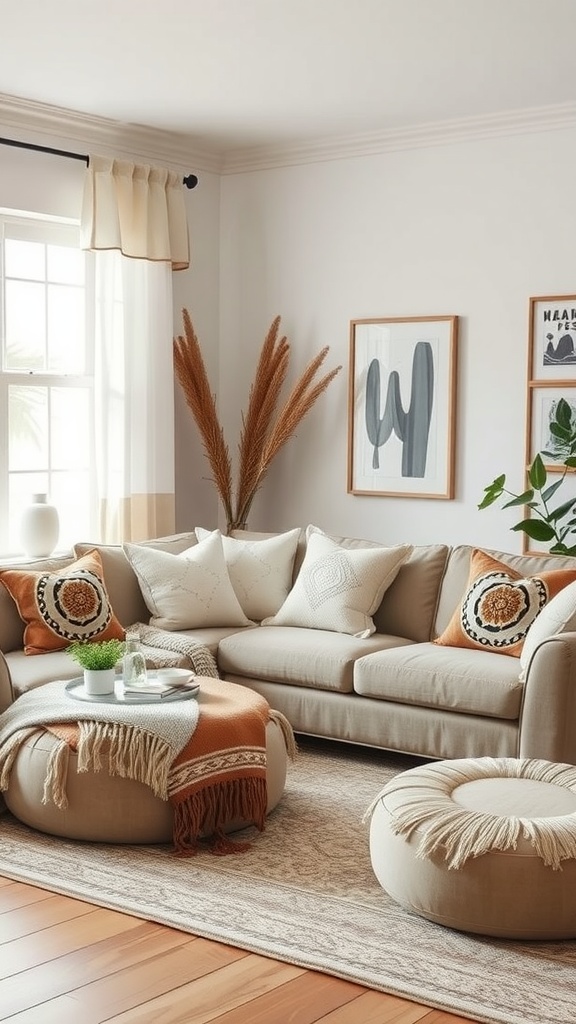 A cozy boho living room with a beige couch, accent pillows, round poufs, and a coffee table.