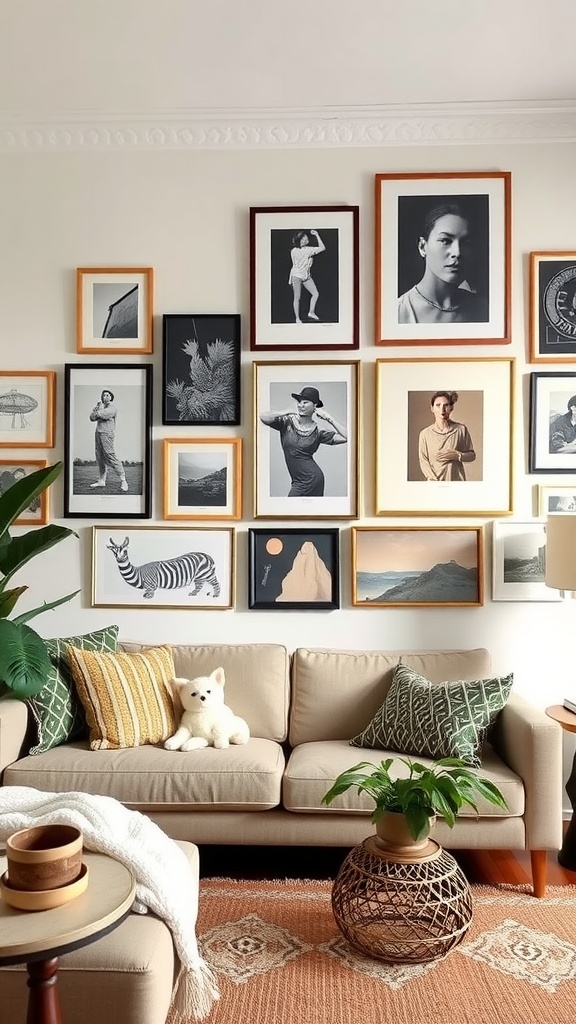 A cozy boho living room with a gallery wall of framed art and photographs, a beige couch adorned with colorful pillows, and green plants.