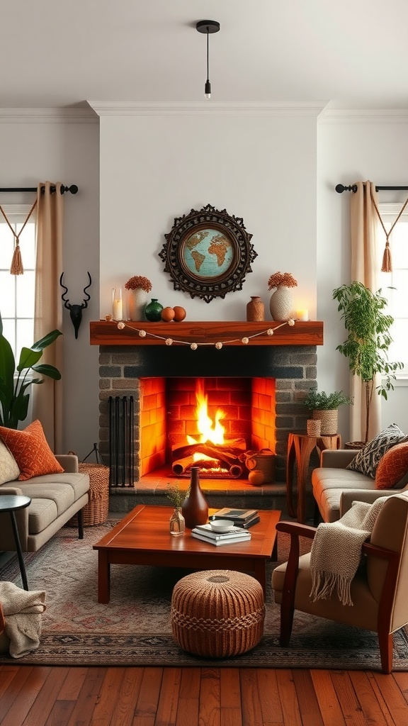 Cozy boho living room with a warm fireplace, comfortable seating, and decorative elements.
