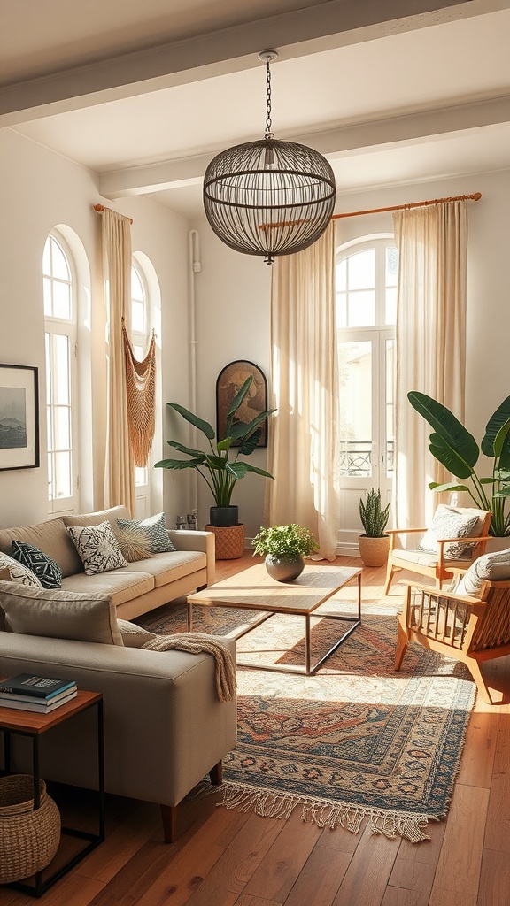 A bright boho living room featuring large windows, cozy furniture, and natural plants, creating a harmonious and inviting atmosphere.