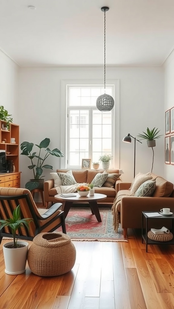 A cozy boho living room with warm wooden floors, two inviting sofas, a round coffee table, and plants enhancing the space.