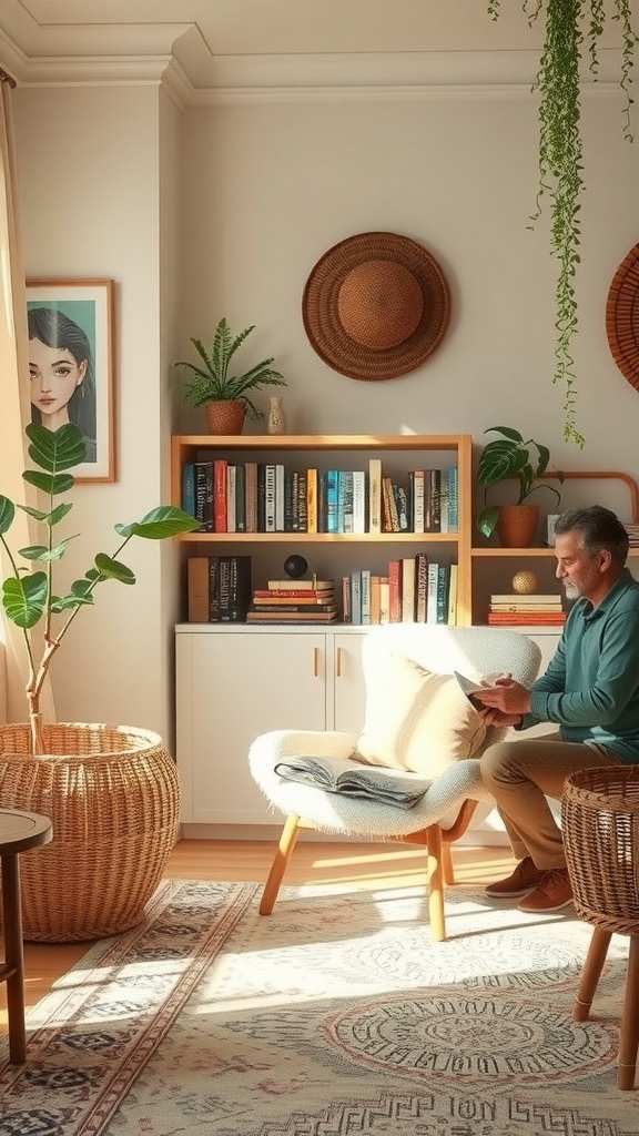 A boho-inspired reading nook with a comfortable chair, a bookshelf filled with books, and plants.