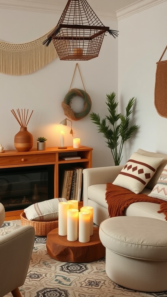 A cozy boho living room with candles, soft cushions, and a warm color palette.