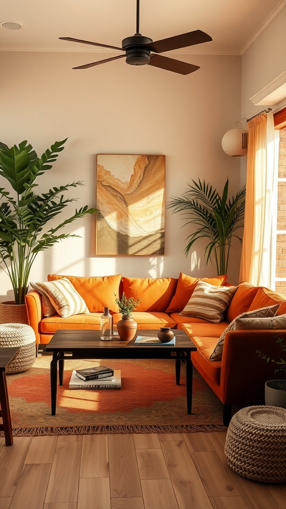 A cozy living room featuring an orange sofa, green plants, and earthy decor.
