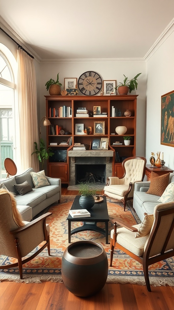 A cozy boho living room featuring eclectic furniture choices, including a mix of armchairs and sofas, a wooden coffee table, a bookshelf filled with books and decor, and houseplants.