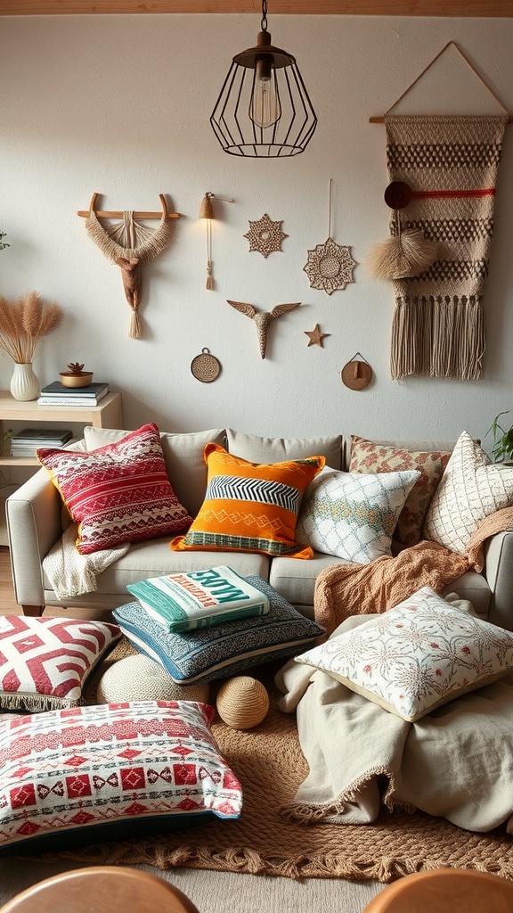 A cozy boho living room with colorful pillows and throws on a sofa, decorated with woven wall art.