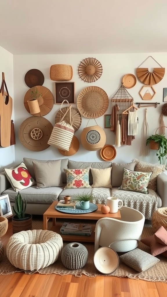 A boho living room featuring a wall decorated with handmade crafts, including woven baskets, a cozy couch with colorful pillows, and various handmade pottery.