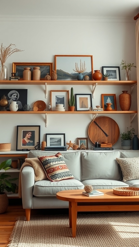 A cozy boho living room with a light grey couch, colorful pillows, and a wooden coffee table. Shelves above the couch display various framed photos, decorative vases, and small plants.