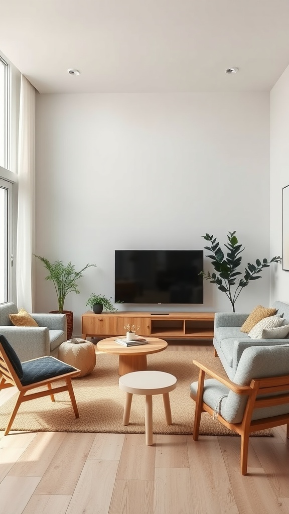 Bright and airy boho living room with sustainable furniture and plants